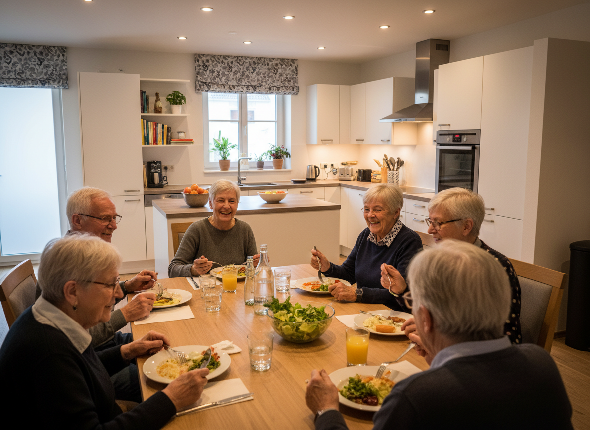 Firefly_Gemini Flash_Senioren Wohngemeinschaft Essen ohne Schild im Hintergrund und kein Blick aus dem Fen 292272